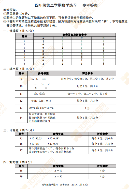 2023-2024学年第二学期海淀小学4年级数学期末试卷答案