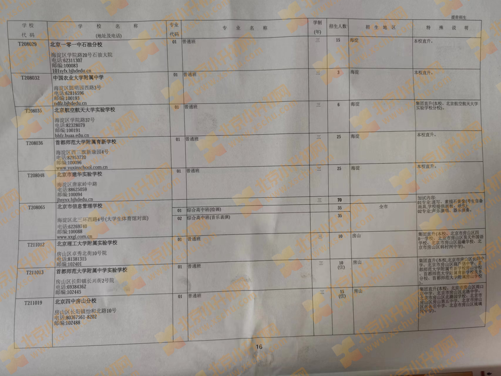 2024年北京中考中招普通高中学校提前招生计划