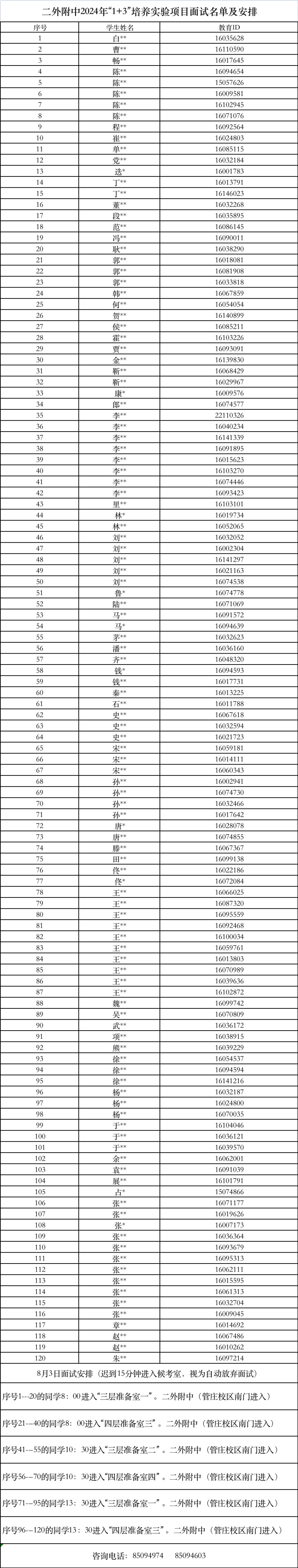 二外附中2024年“1+3”培养试验项目面试名单及安排