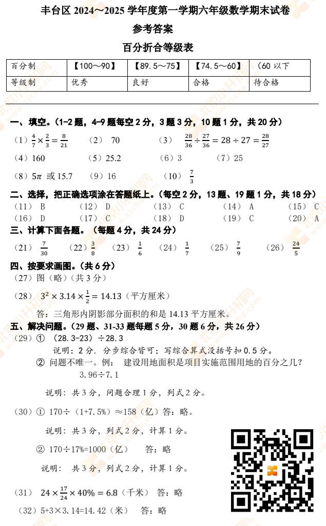 2024-2025学年第一学期丰台小学6年级期末考试数学试题答案
