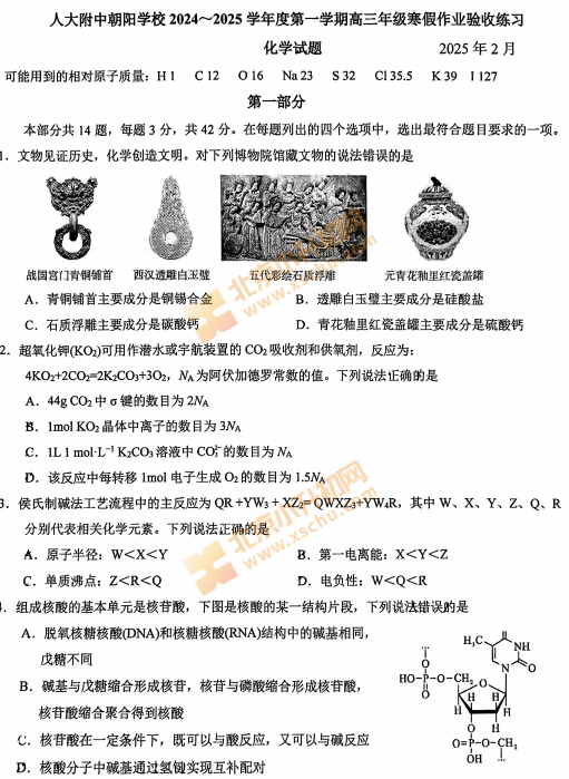 2024-2025学年第二学期人大附中朝阳学校高三开学考化学试题