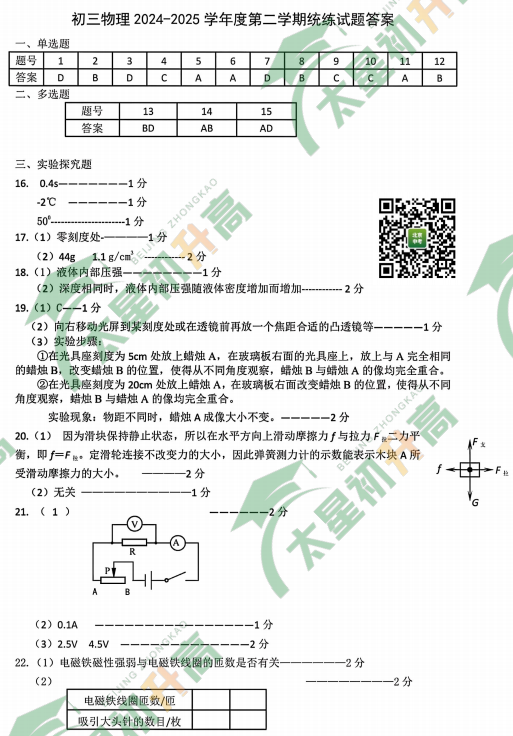 2025延庆初三一模物理试题答案
