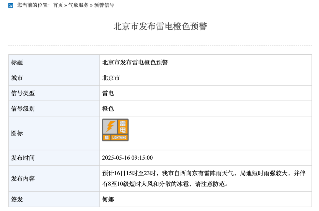 北京市发布雷电橙色预警