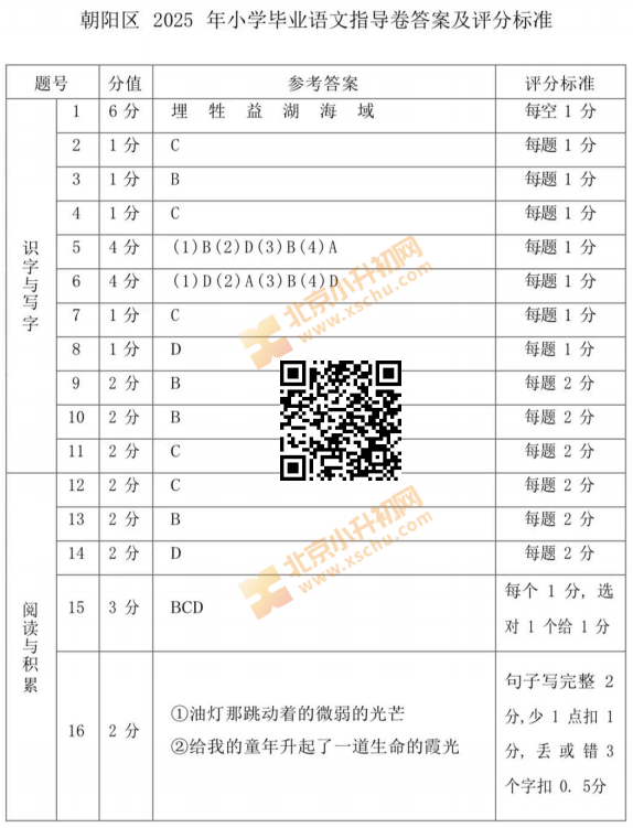 2024-2025学年第二学期朝阳小学6年级期末考试语文试题答案