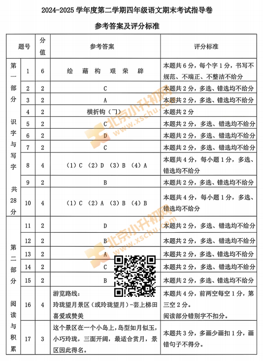 2024-2025学年第二学期朝阳小学4年级期末考试语文试题答案