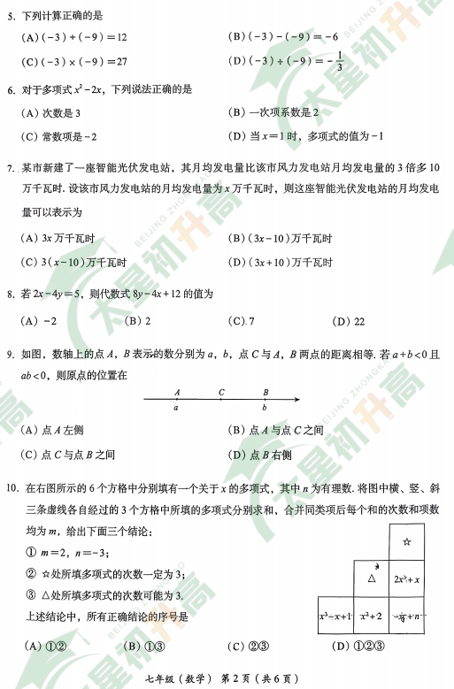 2025-2026学年第一学期北京市海淀区初一期中数学试题