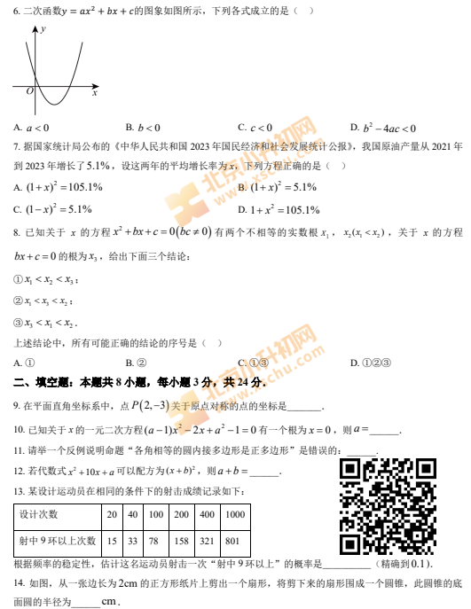 2024-2025学年第一学期朝阳初三期末数学试卷