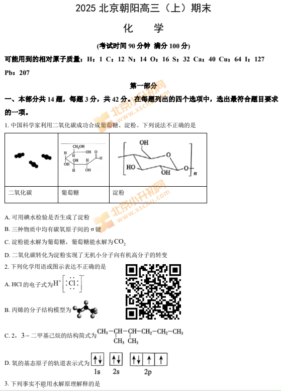 2024-2025学年第一学期朝阳高三期末化学试卷