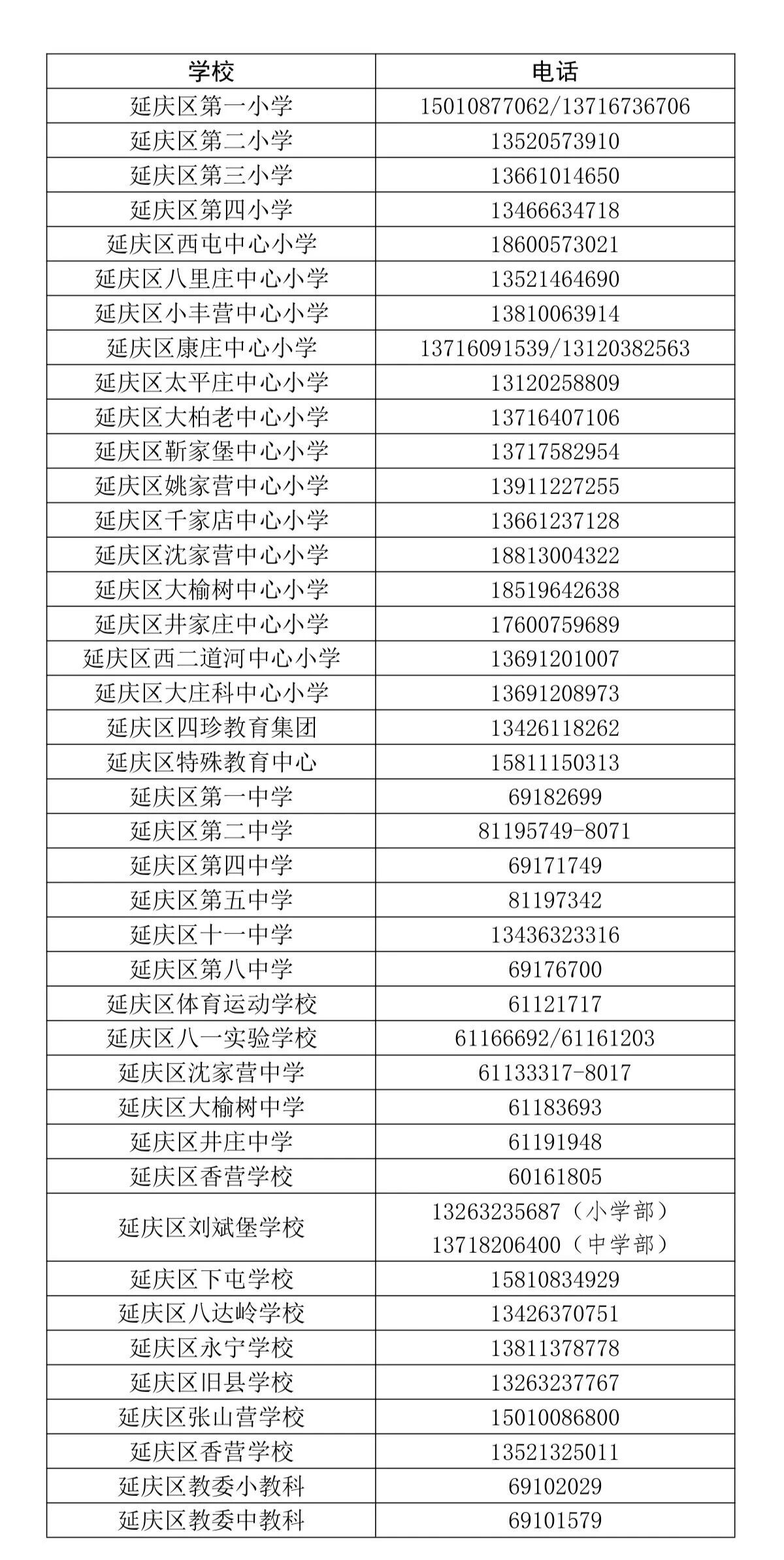 延庆中小学电话号码