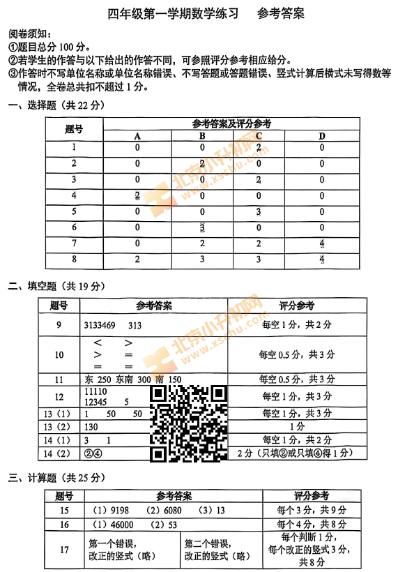2025-2026学年第一学期海淀区小学四年级期末数学试卷答案