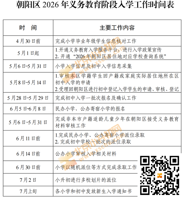 2026年朝阳区义务教育入学时间安排(幼升小、小升初)
