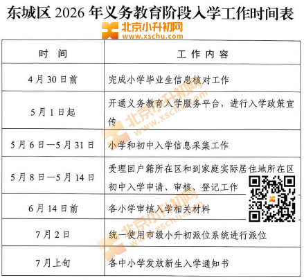 2026年东城区义务教育阶段入学工作时间表（幼升小、小升初）
