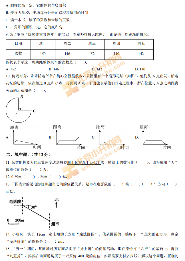 2024-2025学年第二学期朝阳小学6年级数学期末(毕业)考试试卷