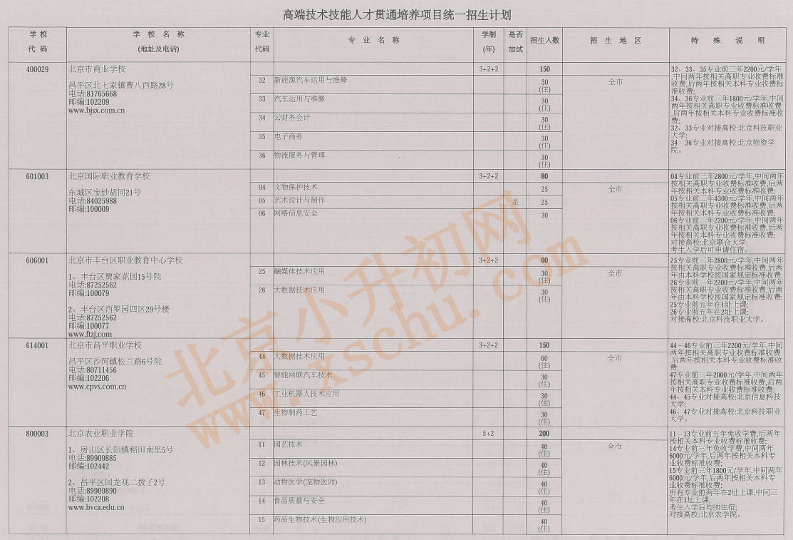 2026年北京中考高端技术技能人才贯通培养项目统一招生计划