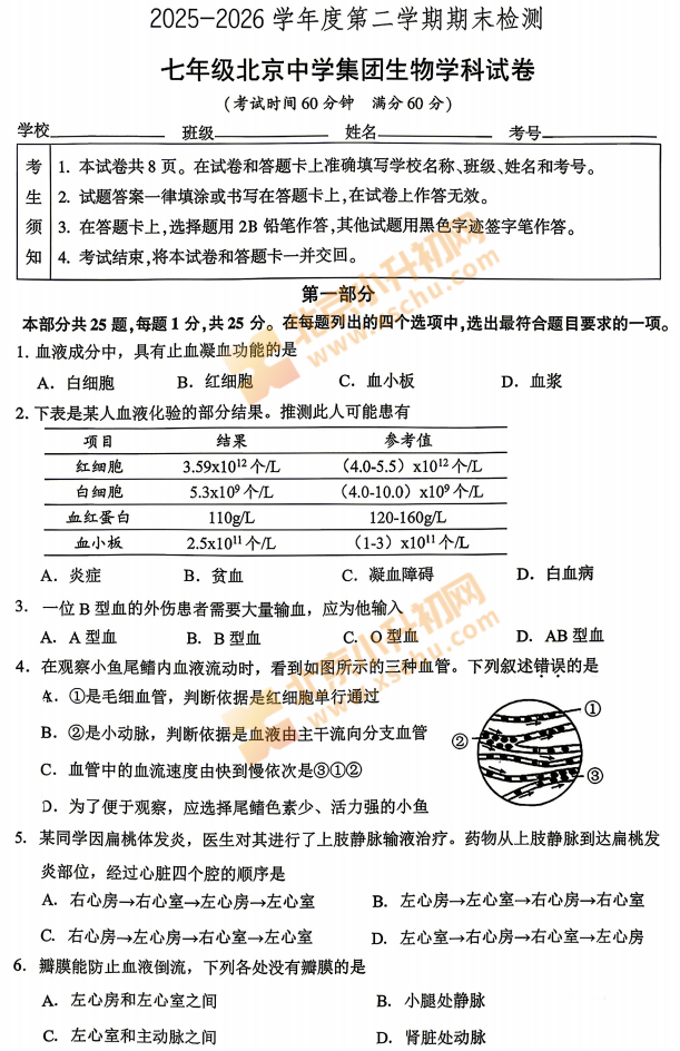 2025-2026学年第二学期朝阳北京中学初一期末生物试卷