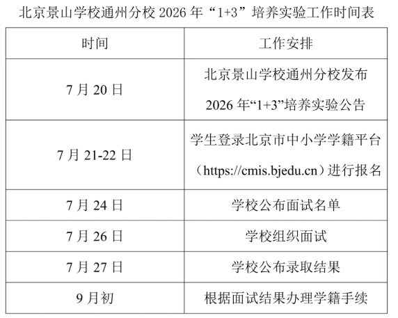 北京景山学校通州分校2026年“1+3”培养实验工作时间表