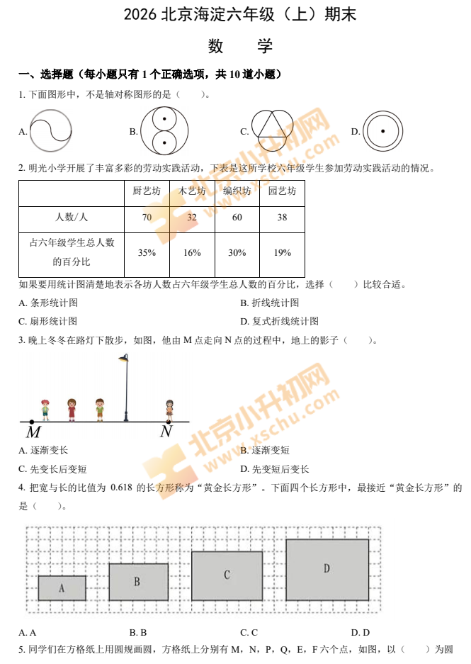 2025-2026学年第一学期海淀区小学六年级期末数学试卷