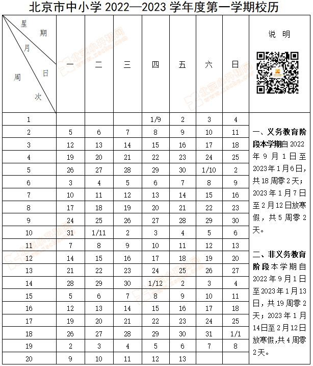 北京市中小学2022-2023学年度第一学期校历
