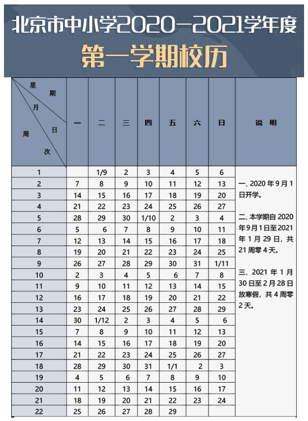 北京市中小学2020-2021学年度第一学期校历