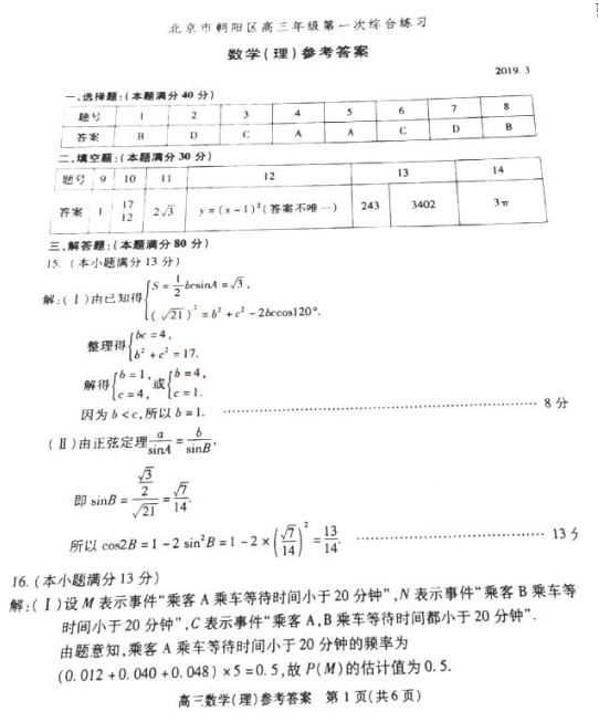 2019年朝阳区高三一模数学（理）试题答案