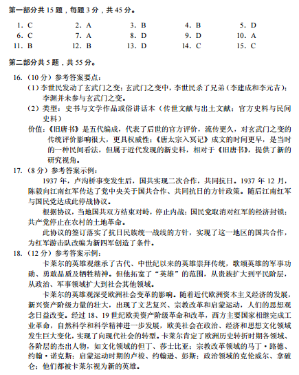 2020年北京高考适应性测试历史试题答案1