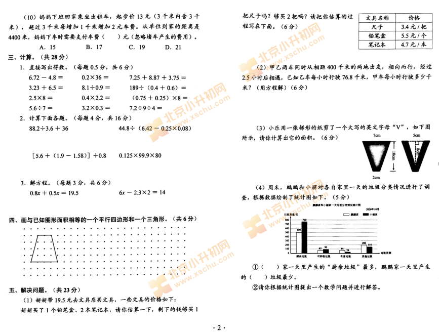 2020-2021学年第一学期通州区小学5年级期末考试数学试题2