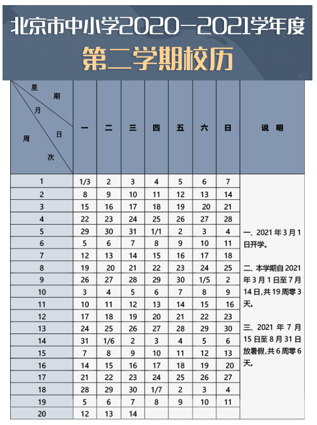 北京市中小学2020-2021学年度第二学期校历
