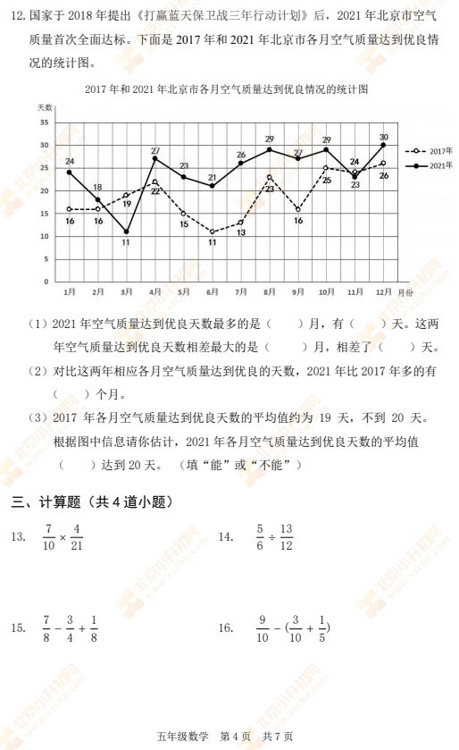 2021-2022学年第二学期海淀小学五年级数学期末试题4