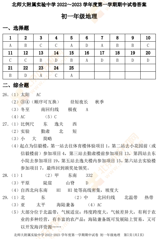 2022-2023学年第一学期北师大实验中学初一地理期中试题答案