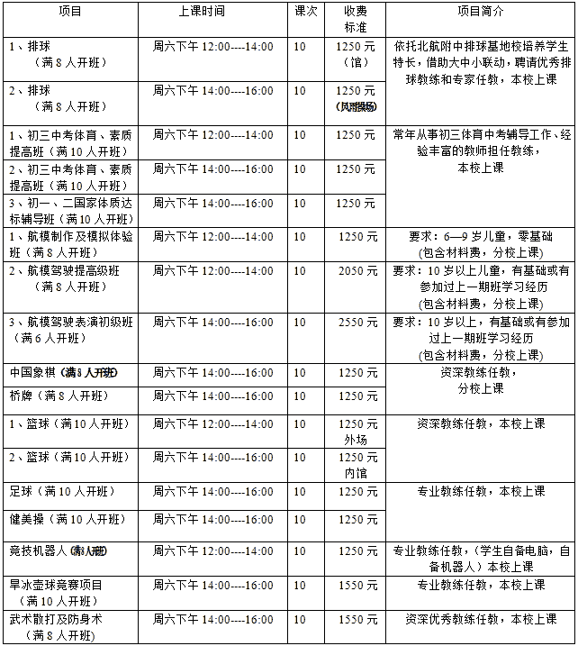 北航实验学校青少年体育俱乐部招生简章
